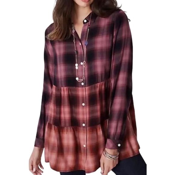 J.Jill Purple Pink Ombre Plaid Flannel Tunic Tiered Button Front Shirt - Picture 1 of 8